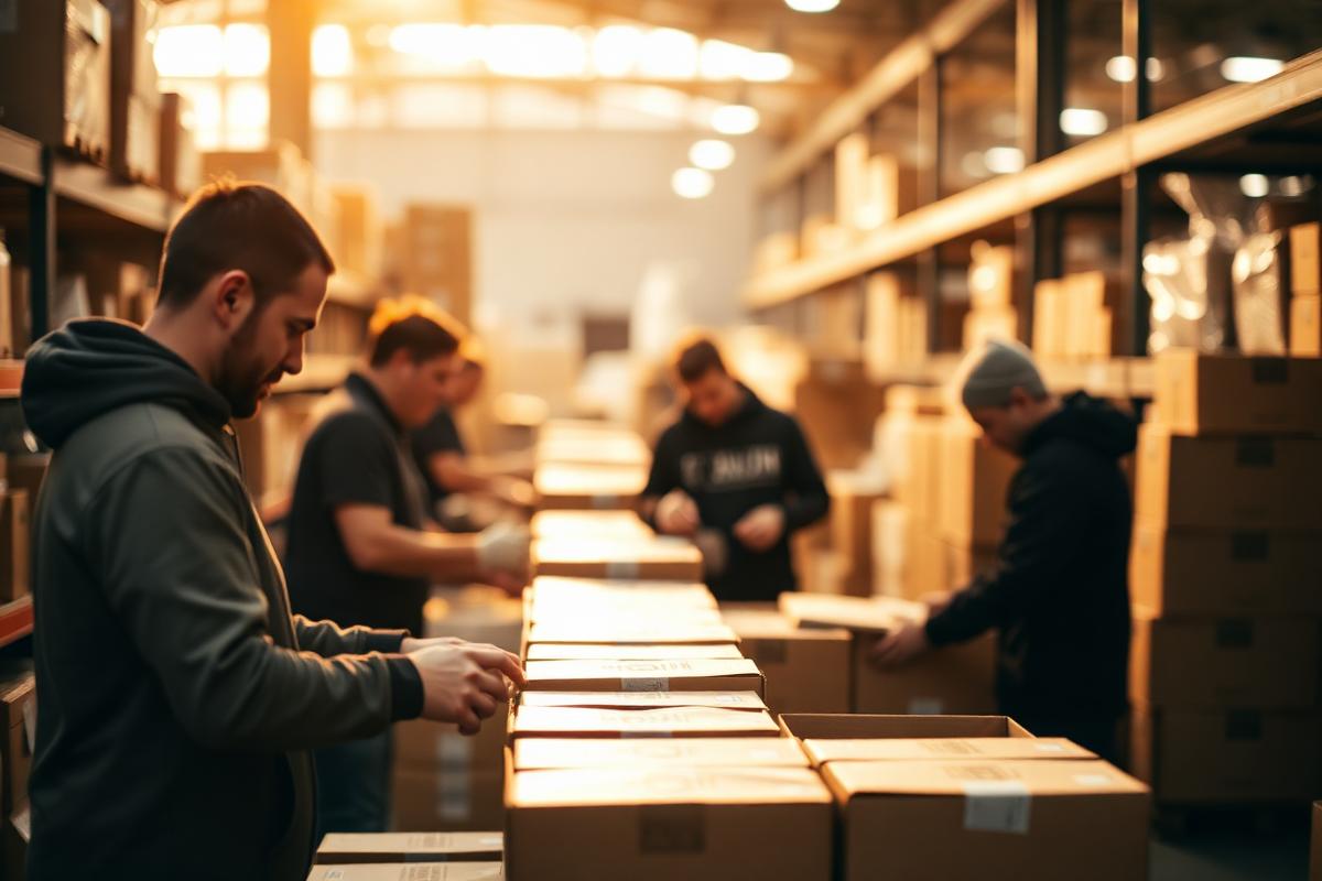 Warehouse team packing branded merch kits into shipping boxes